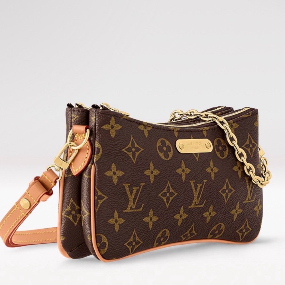Louis Vuitton Brown Monogram Double Pochette with Gold Chain and Tan Trim